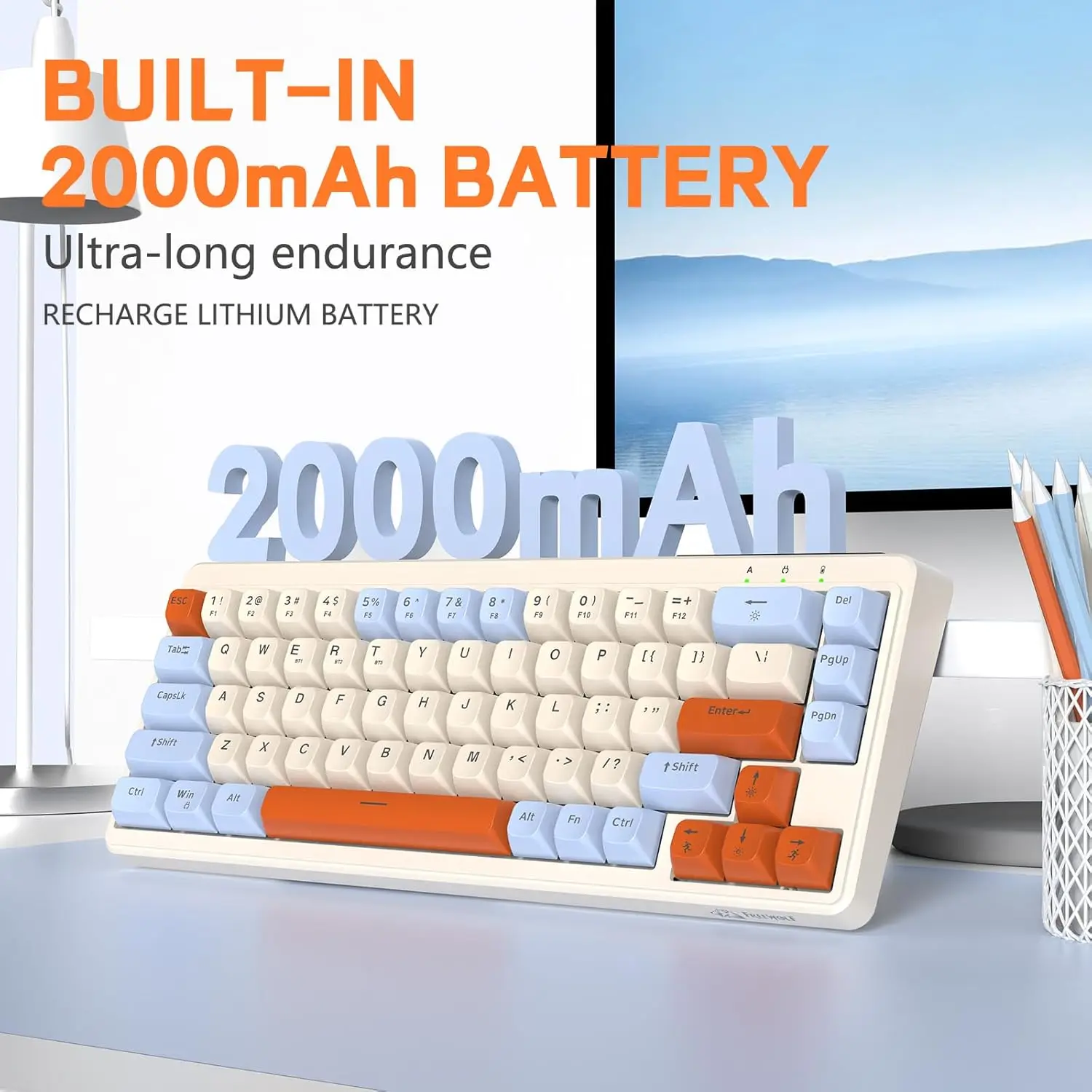 M68 65% teclado para jogos sem fio, teclado de membrana silenciosa tri-modo, teclas PBT, 2000mAh 67 teclas arco-íris LED retroiluminado para Win/Mac