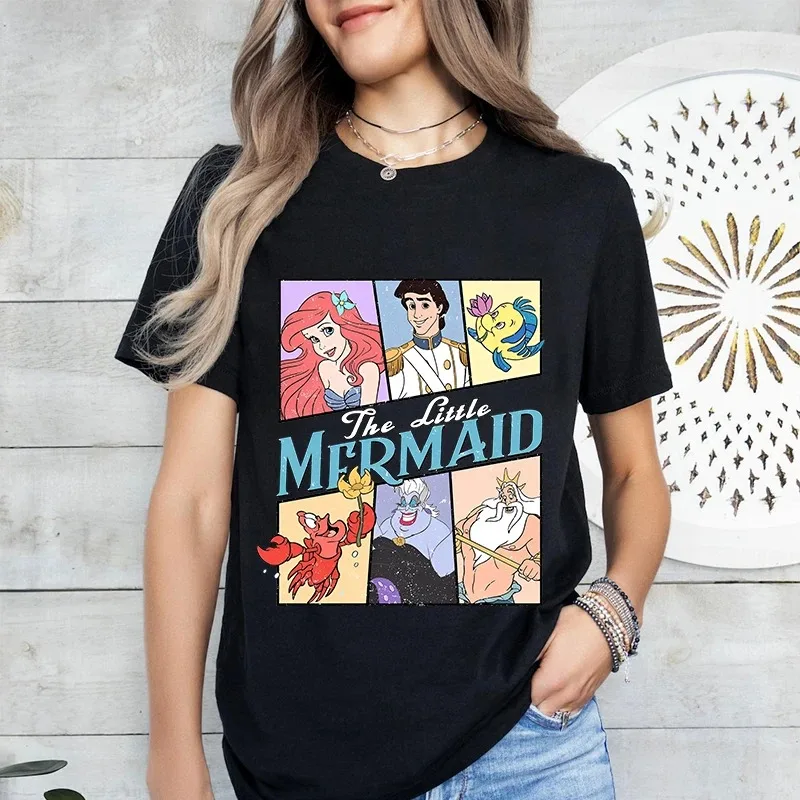 

2026 Женская летняя модная повседневная футболка с принтом Disney The Little Mermaid Ariel, хлопковая футболка с короткими рукавами, персонализированный топ