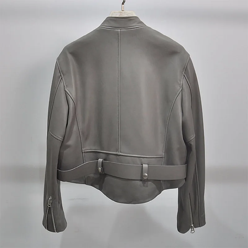 Blouson de motard en cuir de mouton véritable pour femme, épaules tombantes, col montant, à la mode, nouveauté 2022, AEL4943