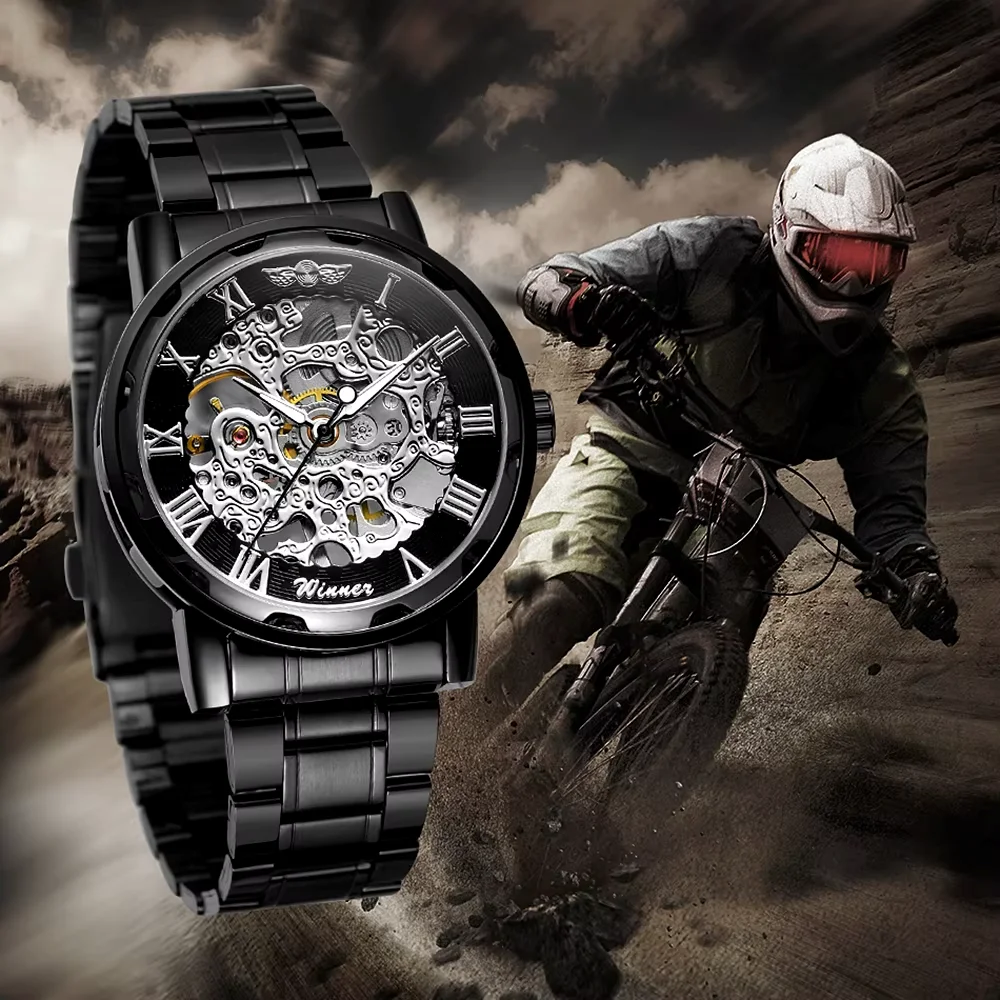 Winner mechanical watch Men's personality casual semi-automatic mechanical watch wrist watch mechanical movement black watch