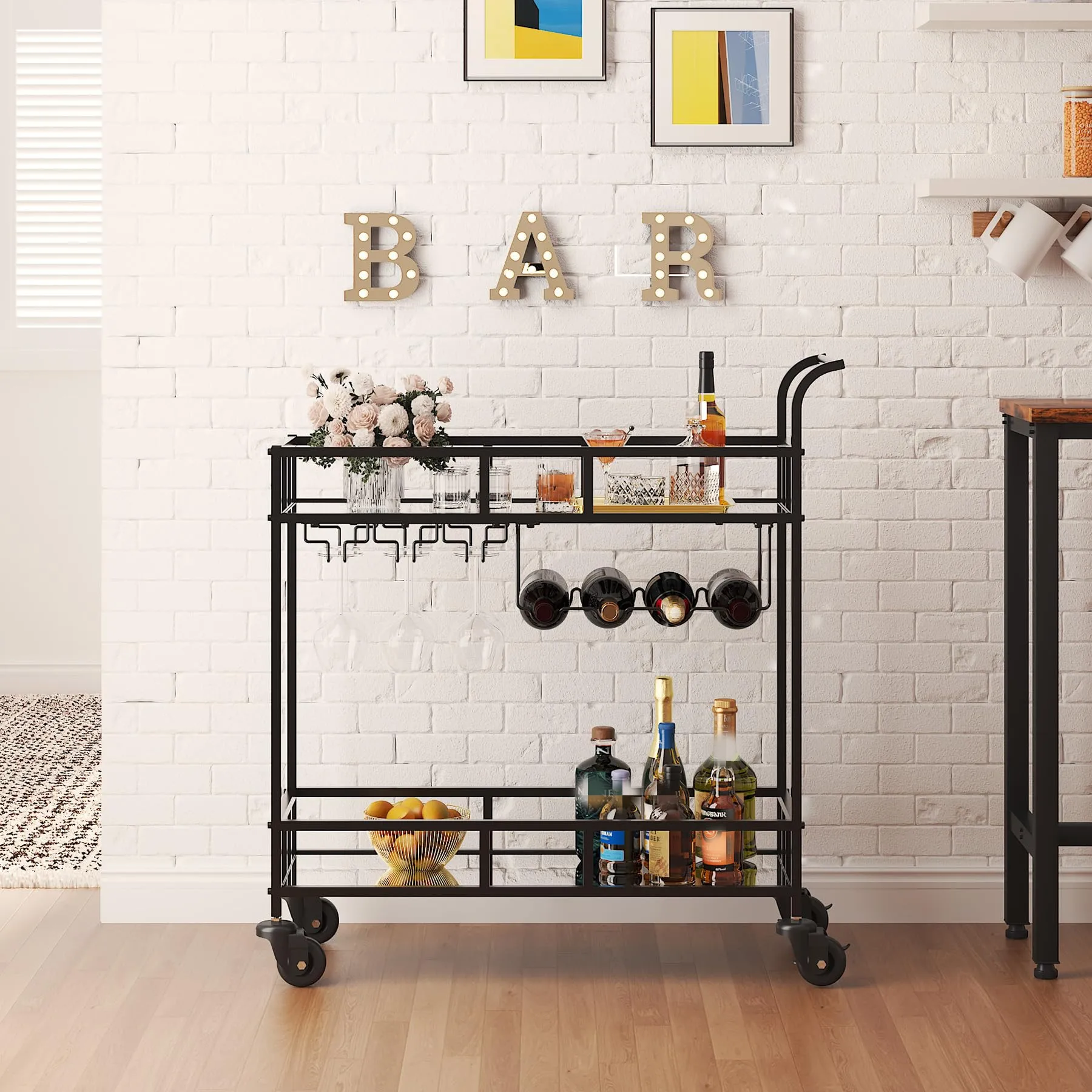 

Bar Cart, Serving Cart for Home, Microwave Cart, Drink Cart, Mobile Kitchen Shelf with Wine Rack and Glass Holder, Rolling Bever