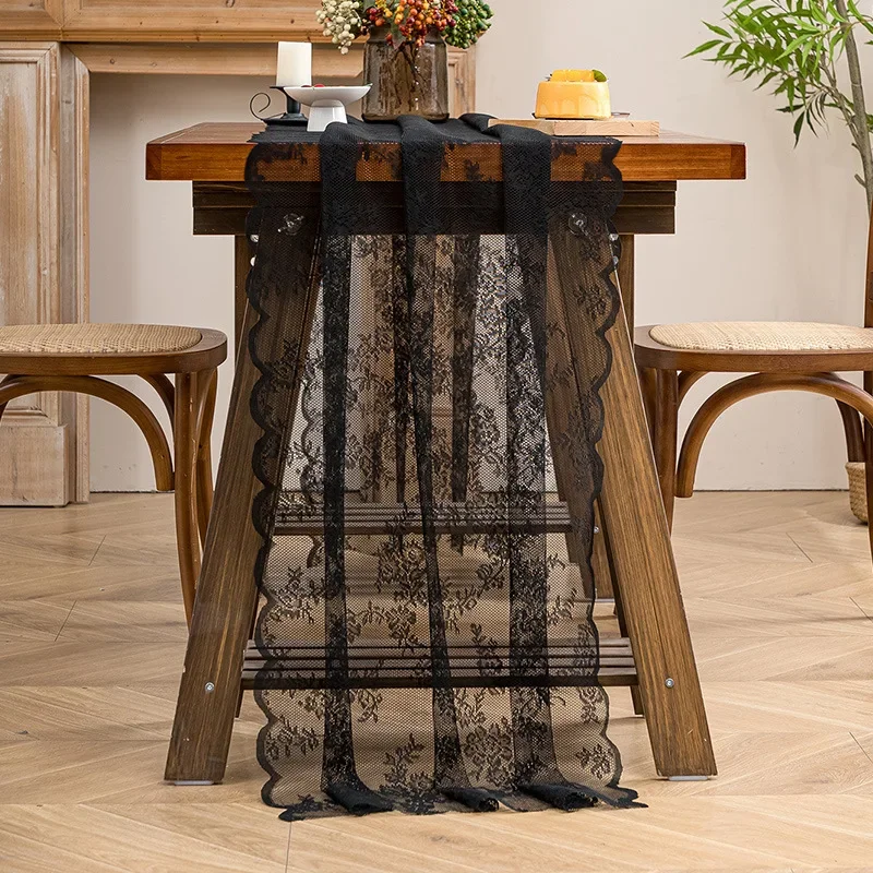 American Style Black Lace Table Runner European Dresser TV Stand Shoe Cabinet Wedding Dining Table Cover Decoration Home Decor