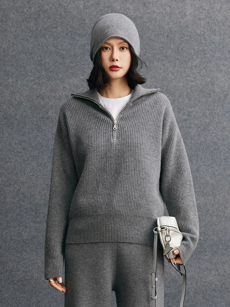 レディース 100% カシミヤ セーター ハーフジッパー セーター ターンダウンカラー 厚手 プルオーバー プレッピースタイル 高級 秋冬 ルーズトップ