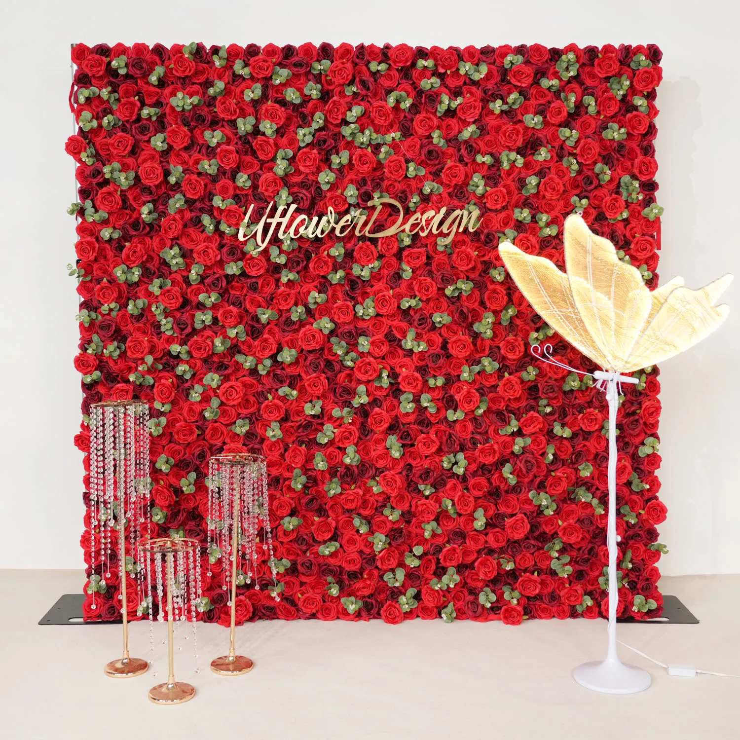 Uflower Royal 3D luxury Red Rose greenery Curtain Cloth Flower Wall Outdoor Wedding Backdrop Decoration Events Prop Display