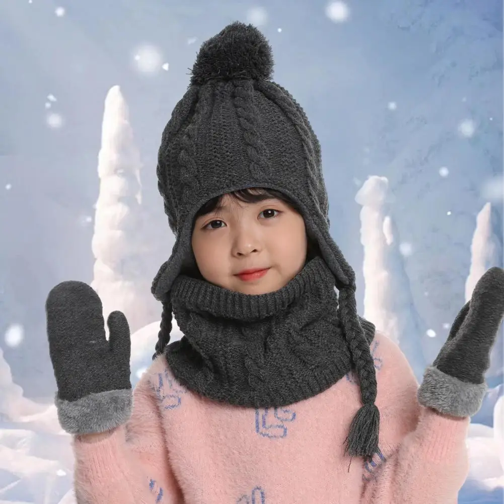 

Winter Hat Scarf Gloves Warm Windproof Children's Hat Scarf Glove Set with Plush Ball Decor Cozy Outdoor Neck Cover for Boys