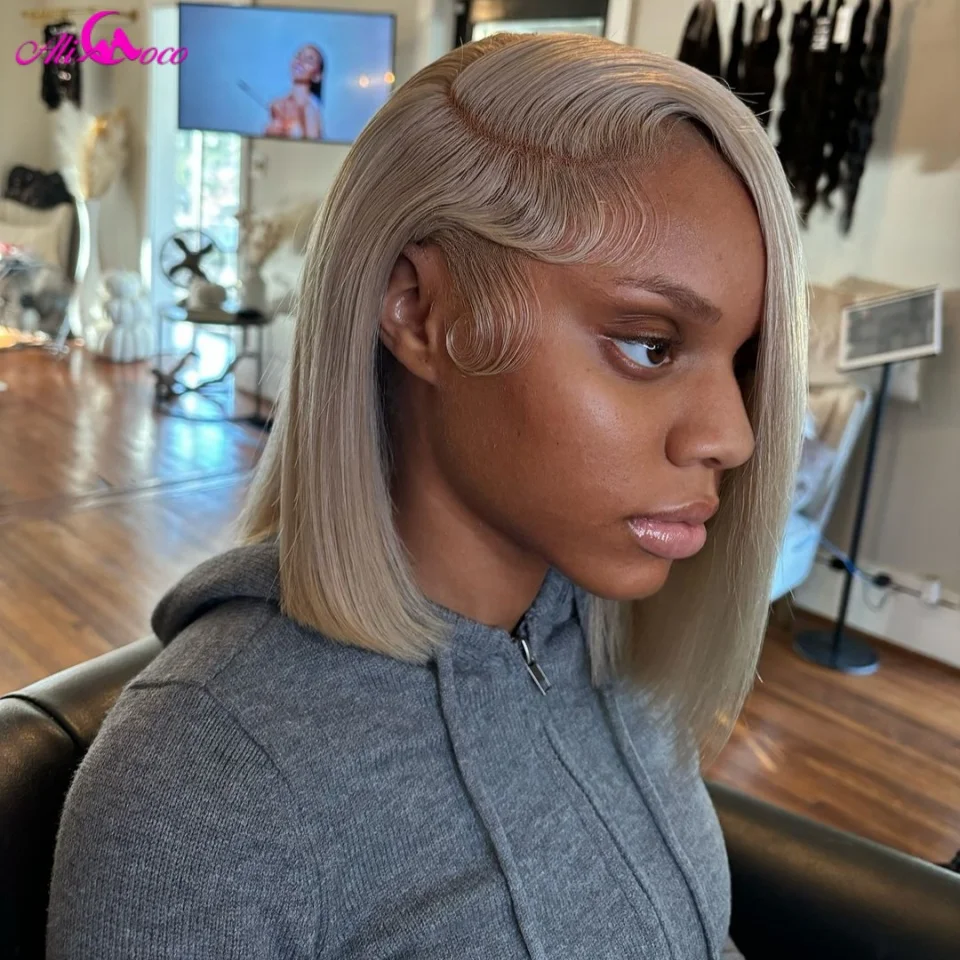 Ali Coco Aschblonde Bob-Perücke, 180 Dichte, glattes Echthaar, Frontal-Perücke, 13 x 4 transparente Spitze-Front-Perücke mit Babyhaar für Frauen