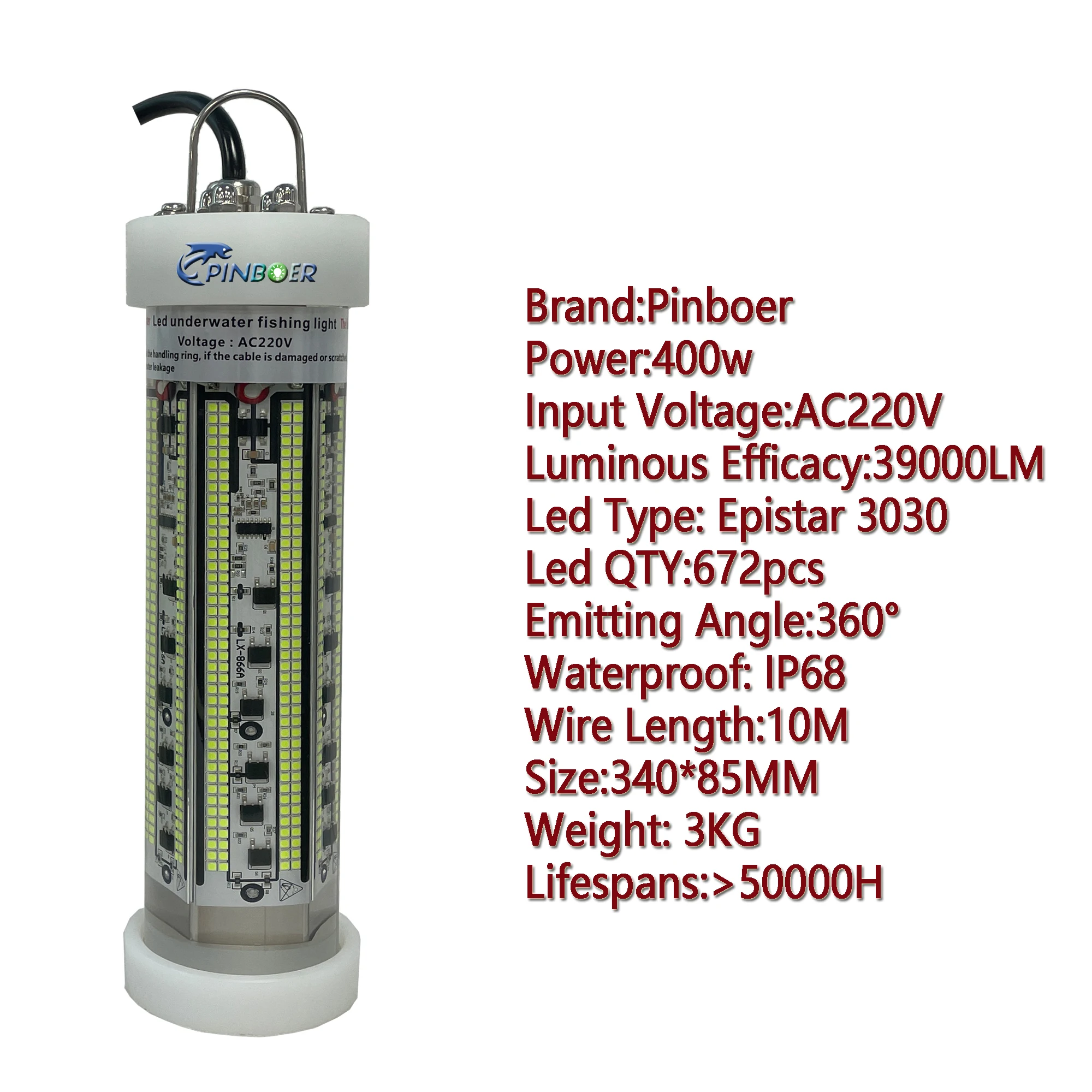 Imagem -02 - Luz de Pesca Subaquática Conduzida Pinboer 400w Ac220v Mais 39000lm Cor Verde e Branca Poder Superior Isca da Atração e Lâmpada do Localizador Atrativo