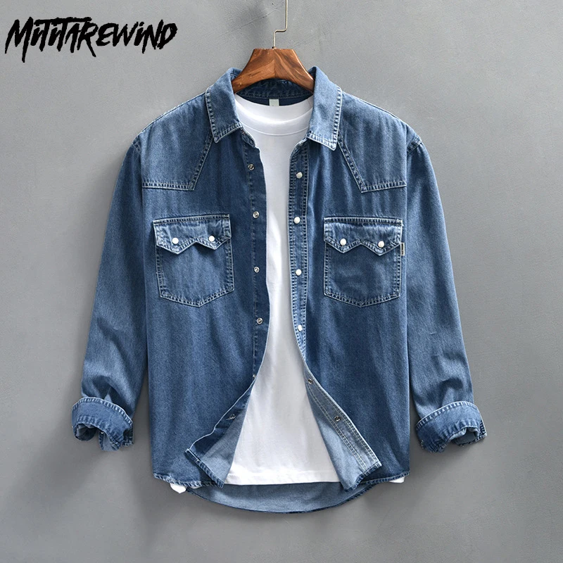 

New Mens Long Sleeve Denim Shirts Youth Fashion Streetwear Lapel Pockets Loose Blue Jean Shirt 4XL Spring Fall Men's Clothing