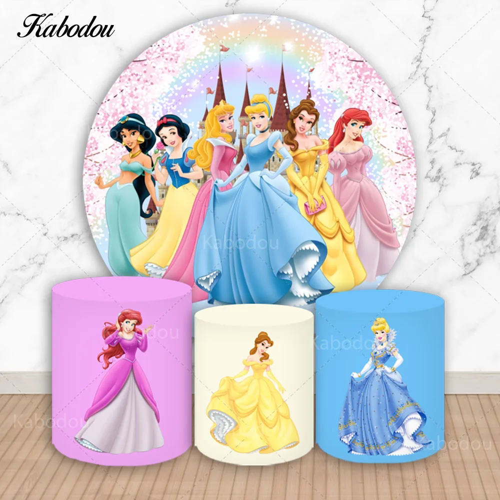 Disney Princess Circle Photo Backdrop Girls Birthday Party Cinderella Ariel Belle Round Photography Background Cylinder Covers