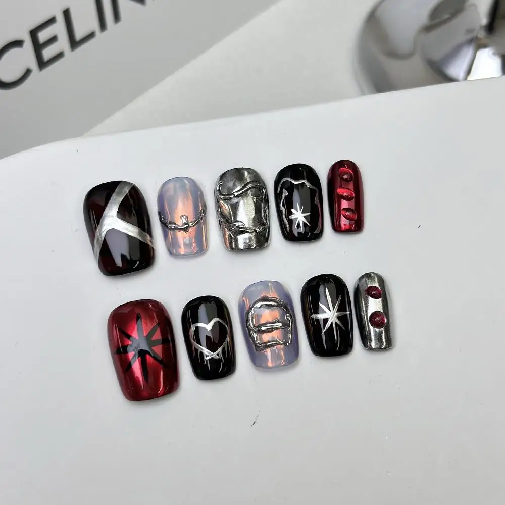 

10 шт. Y2K ручной работы пресс на ногтях темно-панк накладные ногти с серебряной звездой паутина заклепки носимые съемные накладные ногти