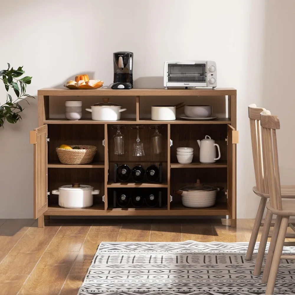 Coffee Bar Cabinet, 51" Rattan Sideboard Buffet Cabinet with Storage, Boho Farmhouse Liquor Cabinet with Wine Racks