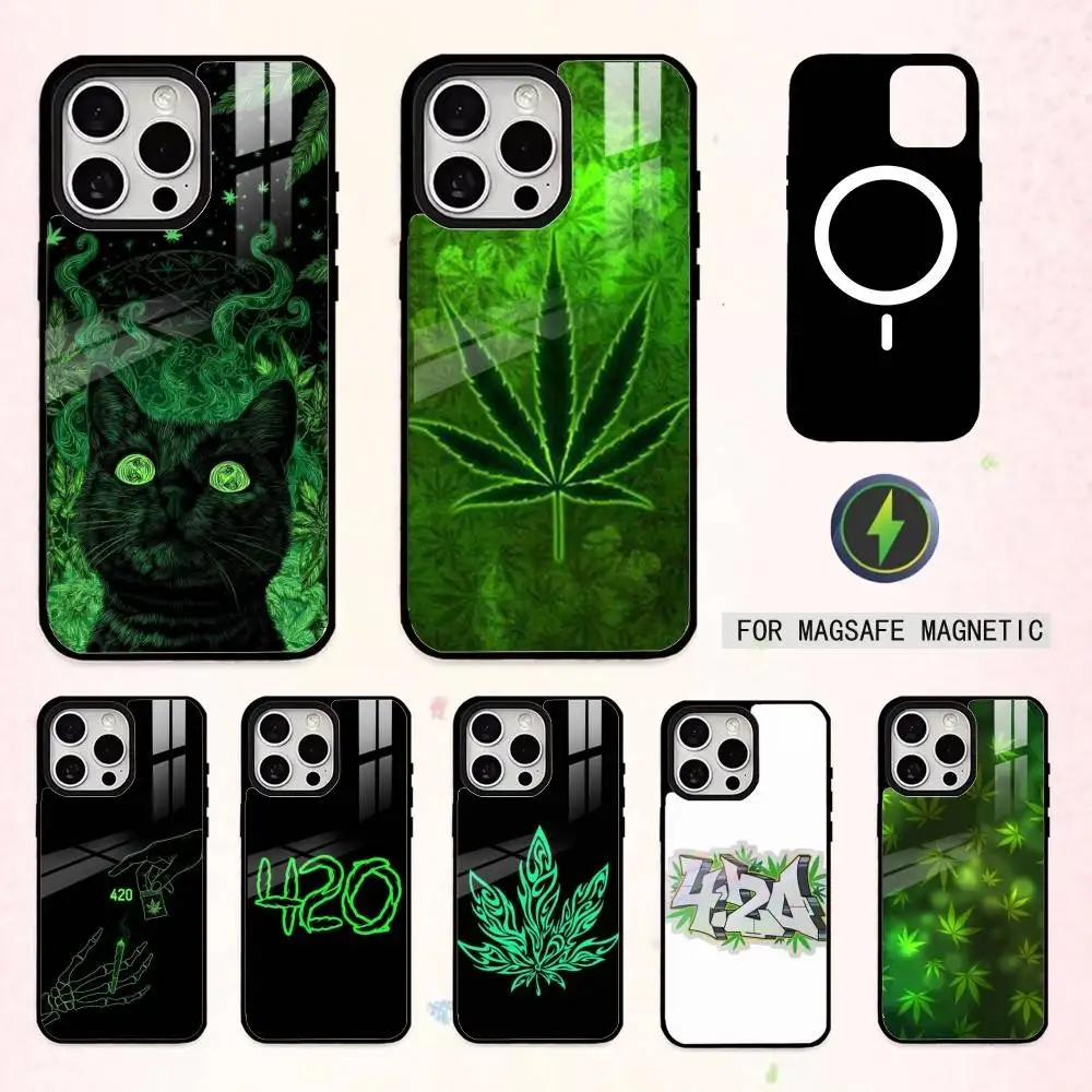 

L-Leaf Weed 420 Smoking Phone Case For iPhone17,16,15,14,13,12,11 Plus,Pro Max Magnetic For Magsafe Wireless Charging
