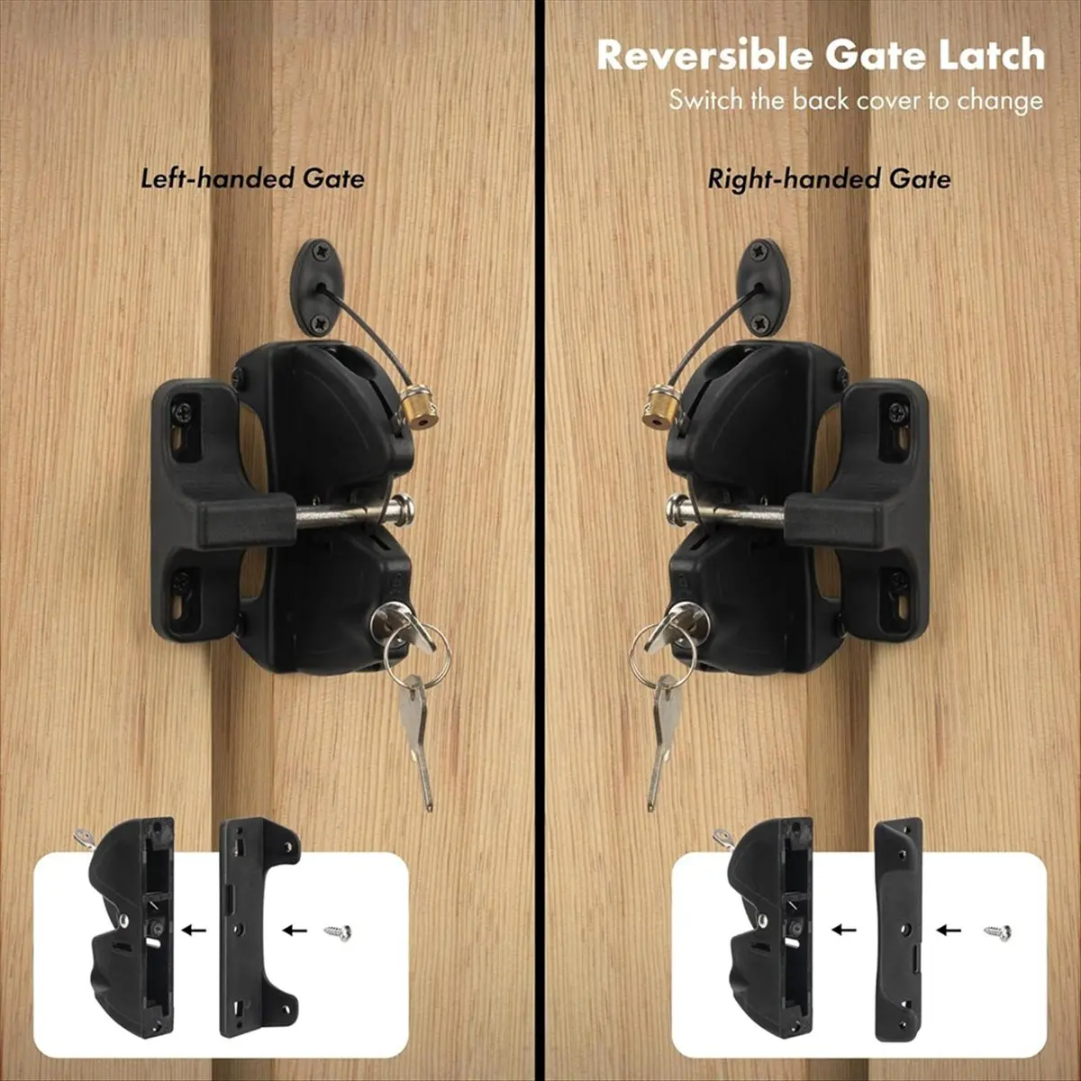 Key Lockable 2 Way Gate Latch with Spring Loaded Pull Cable Key 2 Sided Gate Fence Lock for Outdoor Automatic Locking