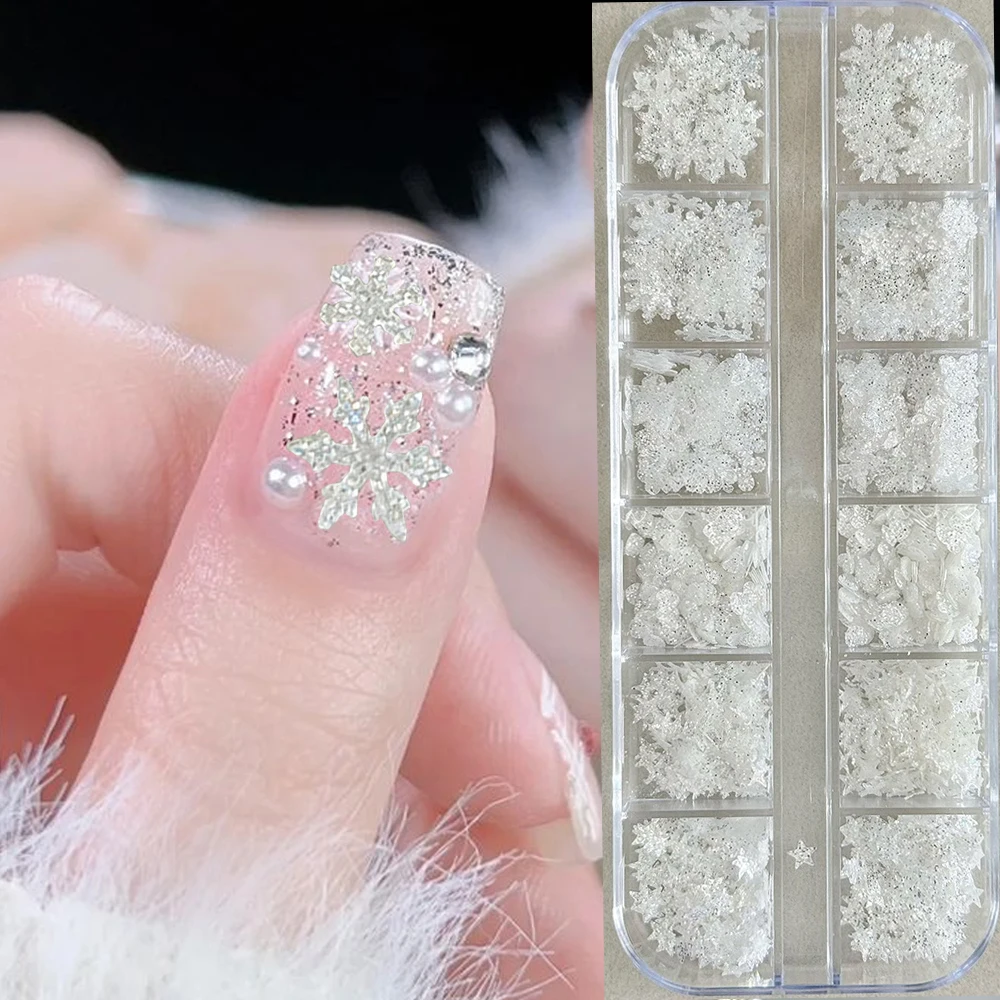 12Grids Christmas Sugar Diamond Snowflake Glitter Nail Charms Sparkling Star Butterfly Heart Nail Flakes DIY Winter Nail Decor view 2
