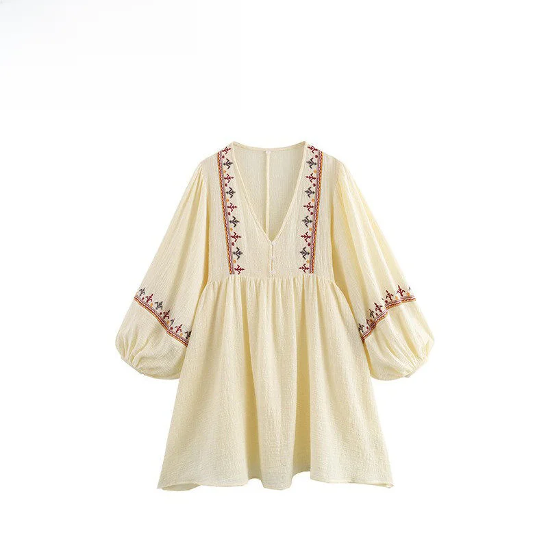 

Faionable ort Embroidered Patchwork Dr Ele Design ZR Autumn New Arrival Women's irt Loose Fit Lantern Sve