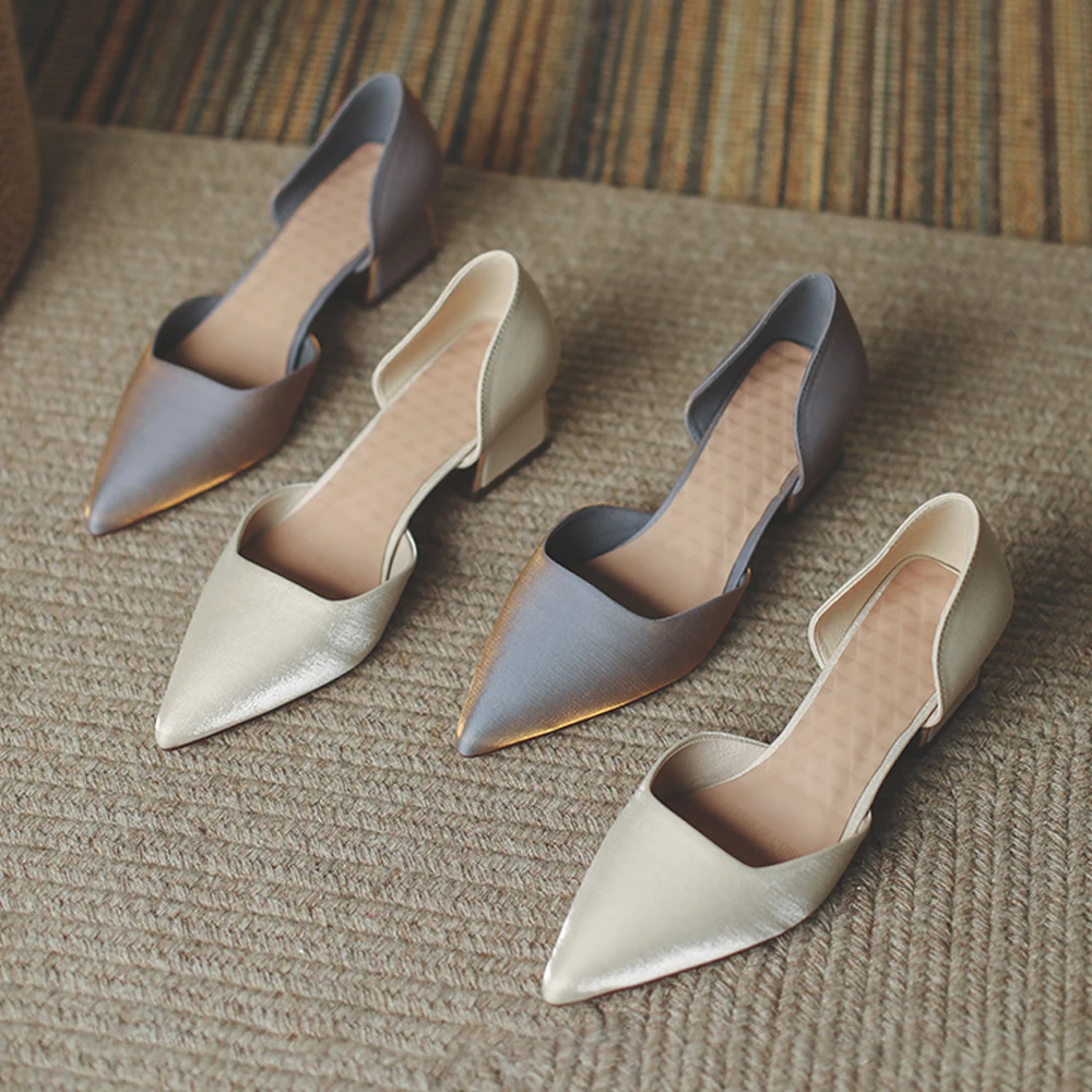 

2025 New Wome's Pointed Toe Low Chunky Heels Satin Block Pumps Wedding Bridal Party Dress Shoes Slip On Heels Sandals Footwear