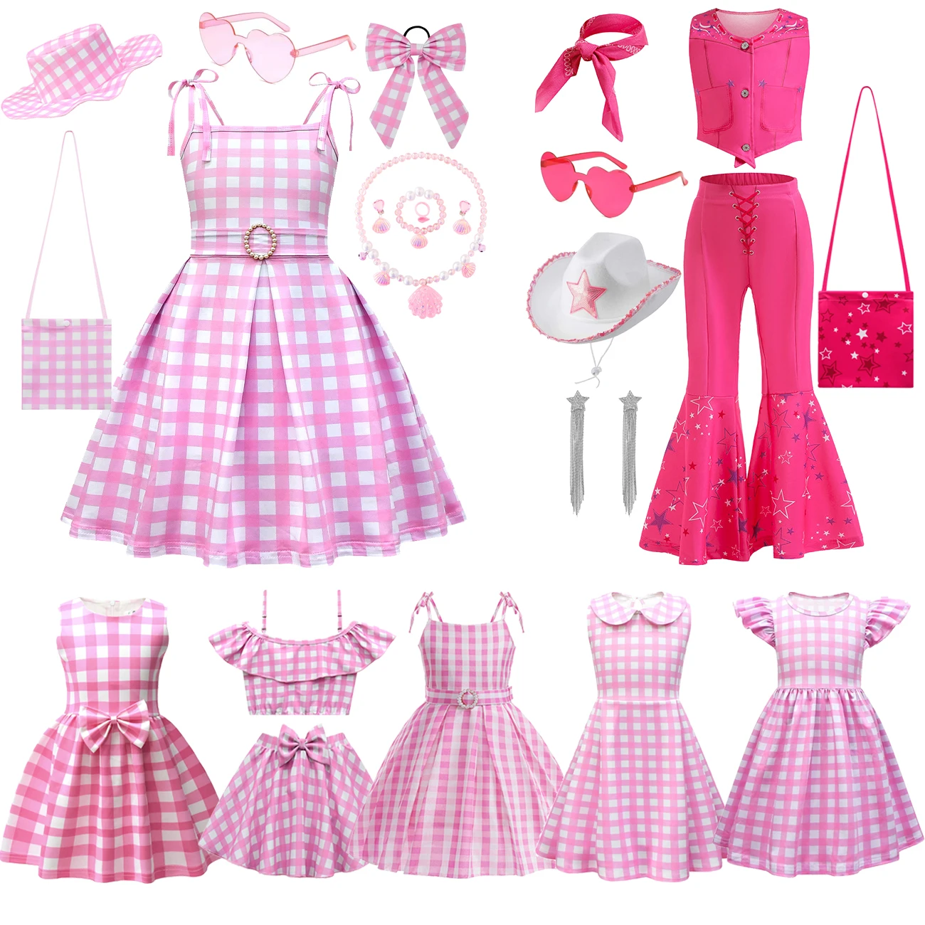 

Movie Barbier Dress for Kids Girls Pink Plaid Princess Dress Children Halloween Carnival Birthday Barbi Role Play Party Clothes