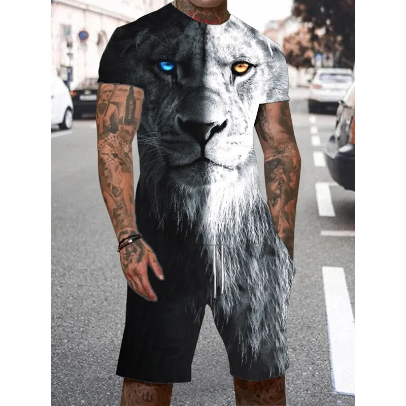 

New Lion King Pattern Men's T-shirt Set 3D Printed Summer Animal Clothing Short Sleeves and Shorts 1 Set Quantity Casual Fashion