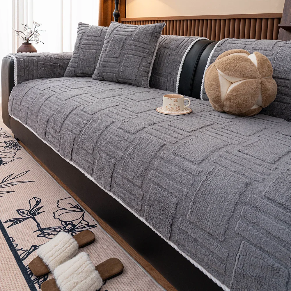 Thicken Warm Geometric Jacquard Fleece Anti-Slip Sofa Cover for Living Room Couch Seat Cover Warm Solid Tuffed Fleece Sofa Towel