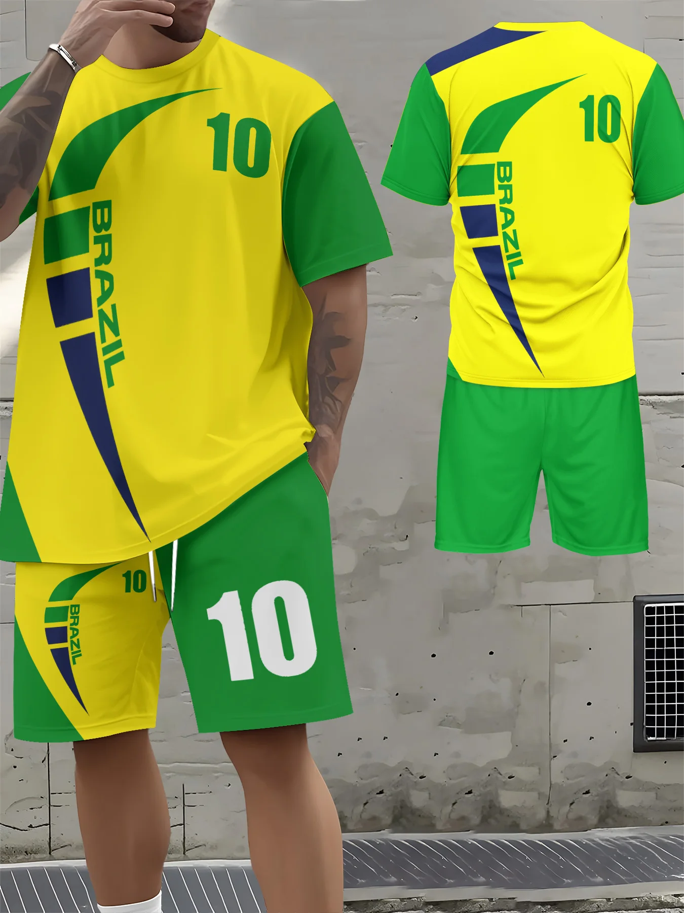 

Trending Hot Sale Green Yellow Brazil Print Men Summer Outfit, Stylish Short Sleeve Tee With Matching Shorts Casual Sport Set