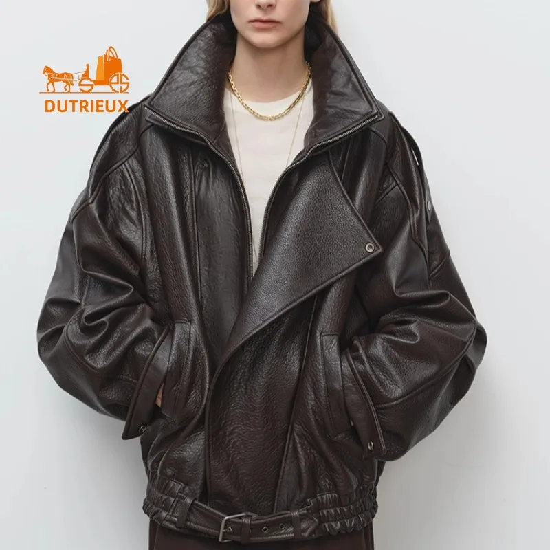 Giacca invernale in pelle con colletto a doppio strato in pelle di agnello da donna, cappotto in pelle confortevole con temperamento resistente al 100% vera pelle di pecora,