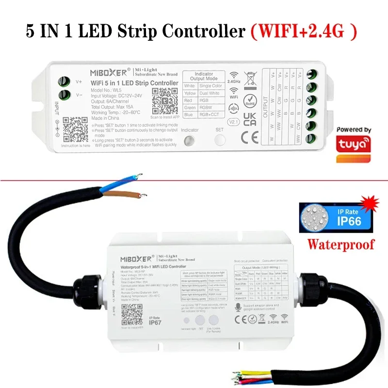 Miboxer (WiFi+2.4G) 5 in 1 LED Controller Waterproof IP67 WL5-WP/Non-waterproof WL5 Smart LED Strip Controller DC 12V-24V