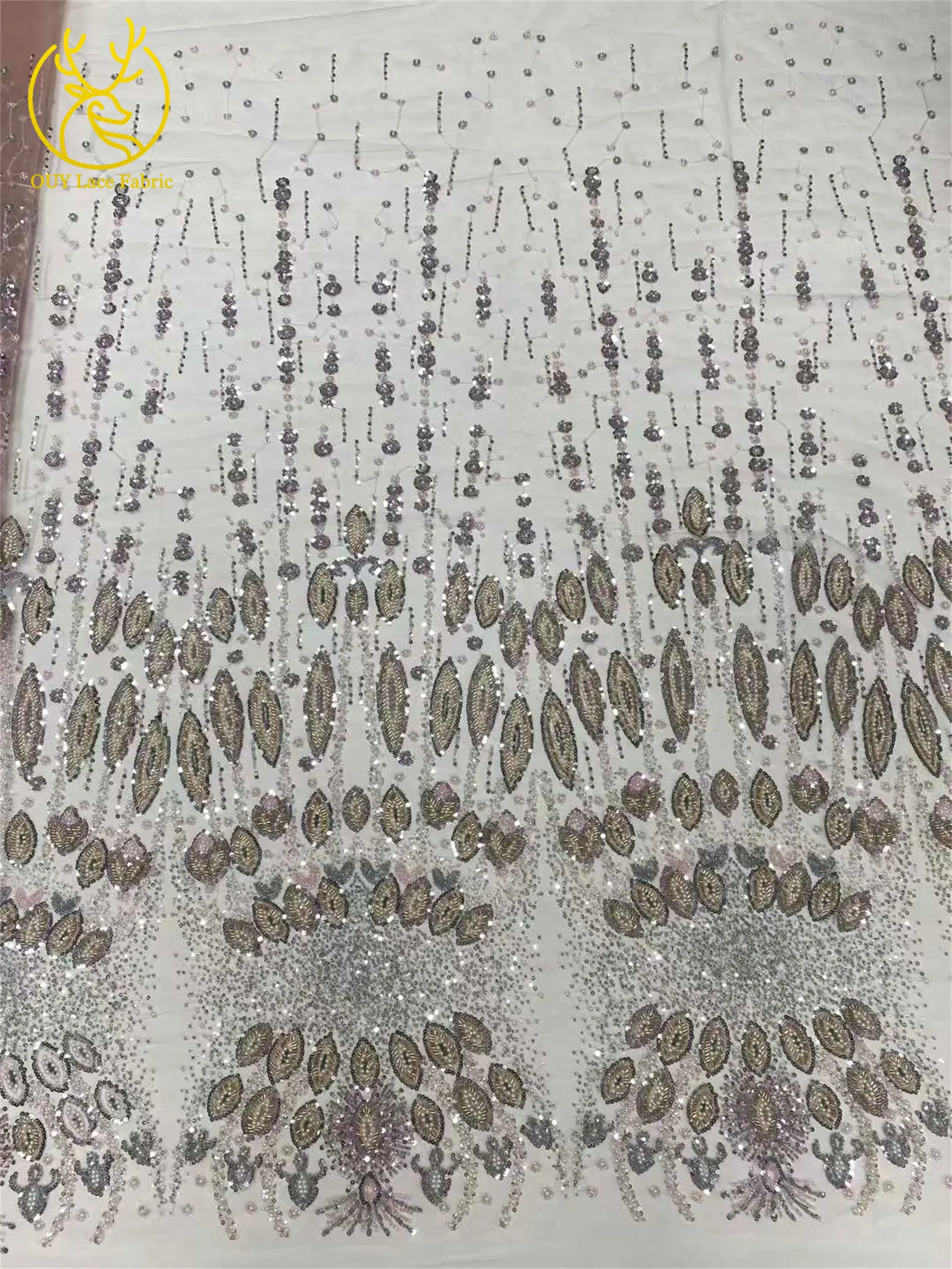 新デザインビーズレース生地5ヤード エレガントなフランスナイジェリアスパンコール刺繍チュールメッシュレース生地 パーティードレス縫製用