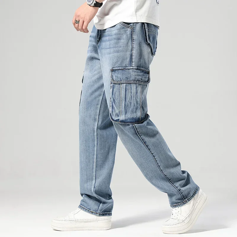 Nanaco New Cargo Pants Men Straight Loose Blue Hip Hop Baggy Jeans With Multi Pockets Wide Denim Pants Size 30-46inch