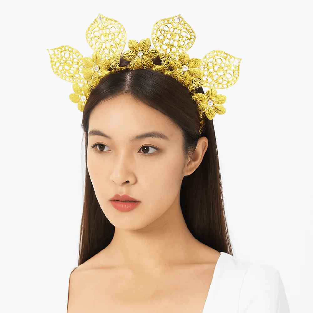 

Fashion Flower Goddess Halo Headband Rhinestone Sun Women Hairband Aureole Gold Color Traditional Festival Hair Hoop Wedding