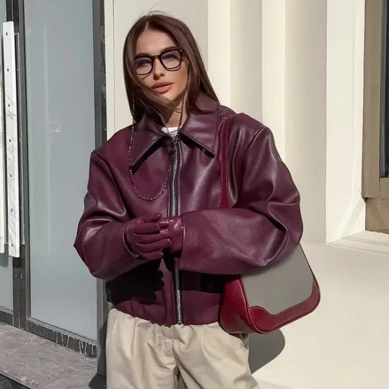 Wine Red Faux Leather Jakcet Fashion Outerwear Thicken Zipper Lapel Pu Coats Autumn Winter Streetwear Ladies Tops Women