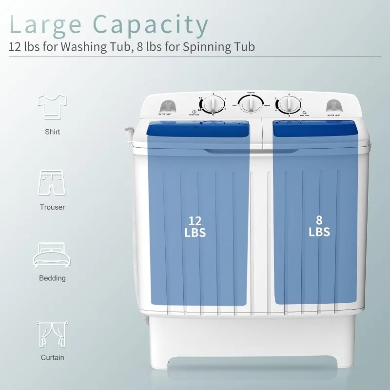 COSTWAY 휴대용 세탁기, 트윈 터브, 용량 20 Lbs, 세탁기 (12 Lbs) 및 스피너 (8 Lbs), 내구성 디자인