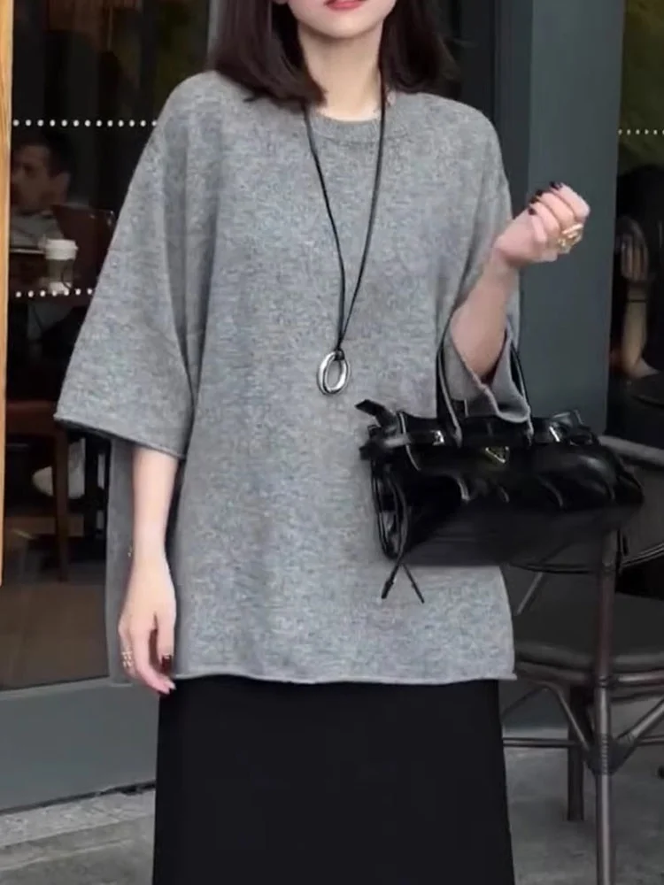Schicke reine Farbstrickwaren, lockere Passform, koreanisches SLE-Sommer-Top, Fünfviertel-SVE-Design, lässige, faionable koreanische Version