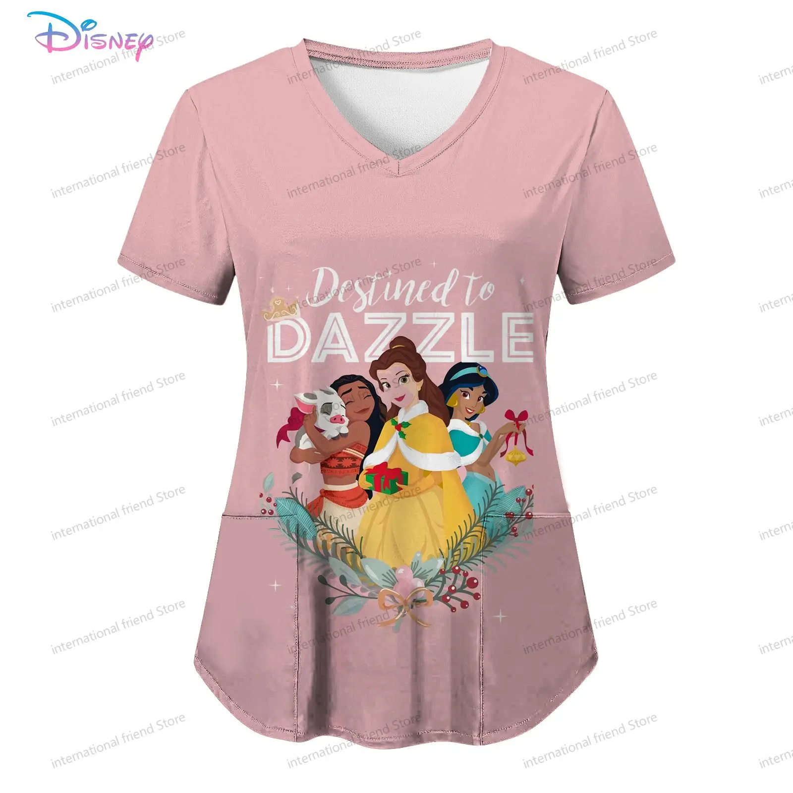 Pocket Women's V Neck Nurse Uniform T-Shirt Disney Princess New Dress Tops Woman 2024 Y2k Summer Short Sleeve S-2XL Cheap Top