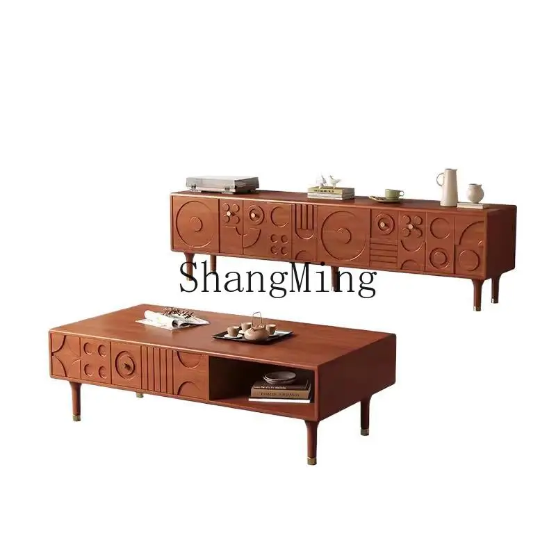 

ZYY solid wood floor carved coffee table combination living room storage floor cabinet small apartment retro storage