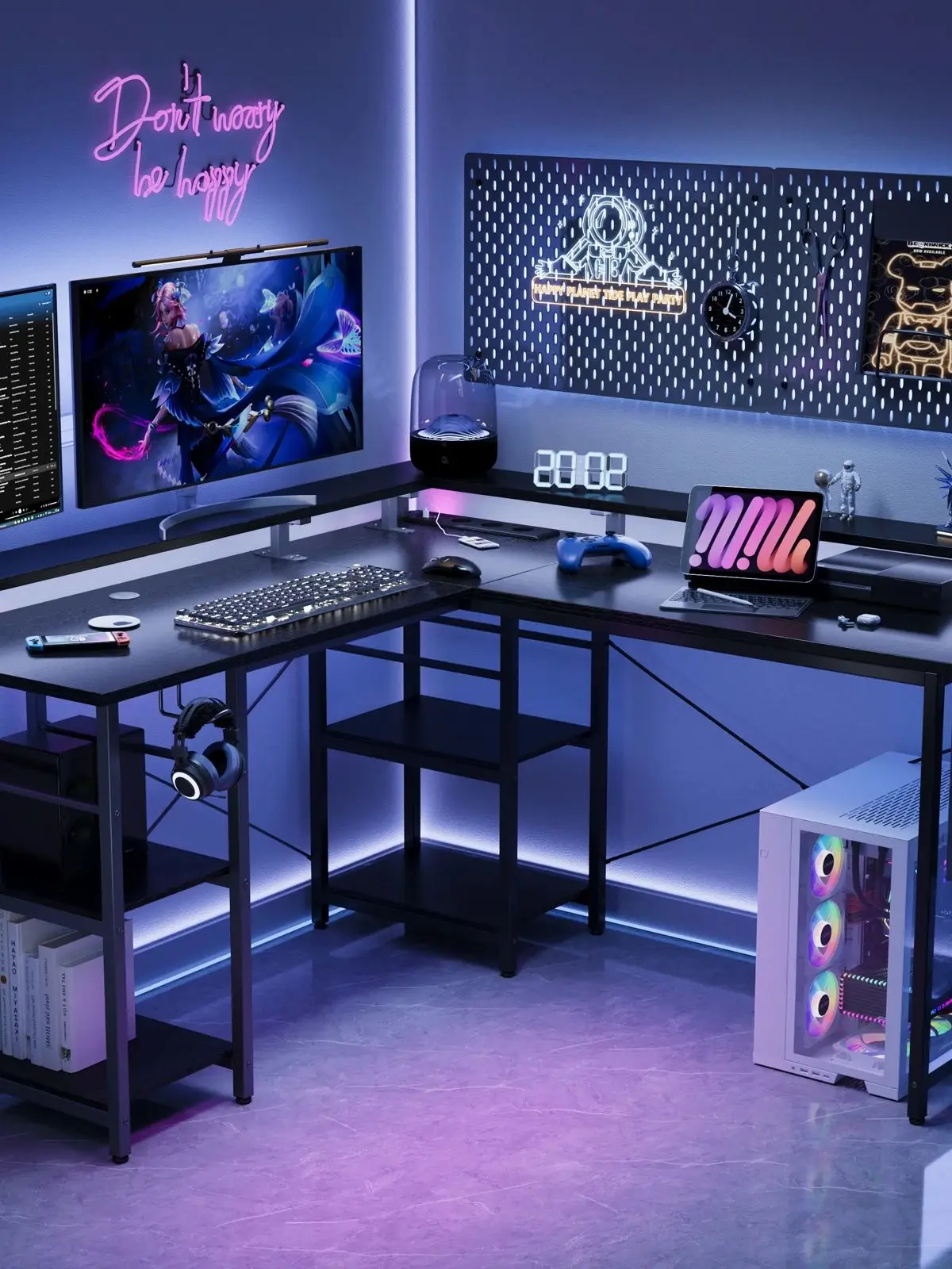 Gamingbureau met LED-verlichting en oplaadstation, L-vormig computerbureau met 4 laden en verstelbare planken Zwart - afbeelding 2