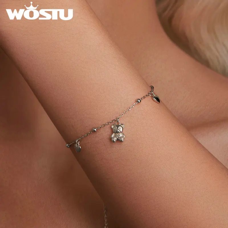WOSTU 925 Sterling Silver Little 3D Bear Bracelet Heart Pendant for Women Girl Dating Birthday Companionship Gift Fine Jewelry