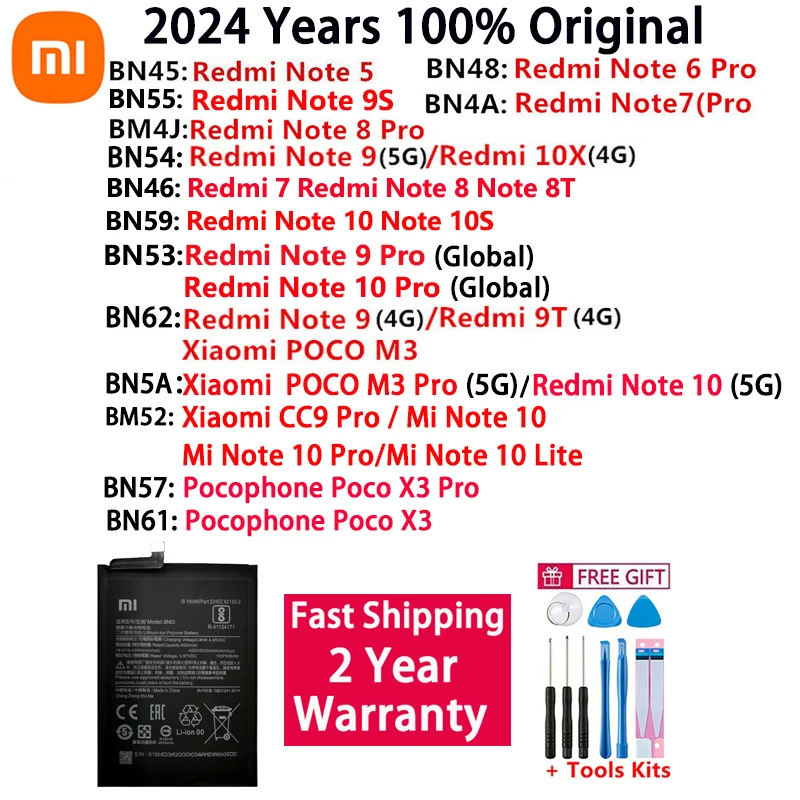 

100% Original High Quality Battery For Xiaomi Redmi Note 5 6 7 8 8T 9 9T 9S 10X 10 10S POCO M3 X3 CC9 Pro Lite Batteries Bateria