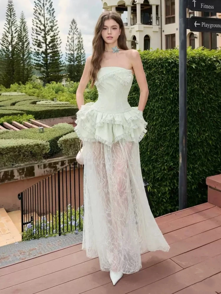 

Sexy Strapless Irregular Tierred Ruffle Lace Patchwork Long Dress With Shorts Women Sleeveelss Lace Split Dresses Evening Party