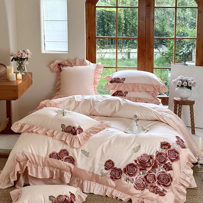 4Pcs Luxury Butterfly Flowers Embroidery Ruffles Wedding Bedding Set 1400TC Egyptian Cotton Duvet Coves Set Bed Sheet Pillowcase