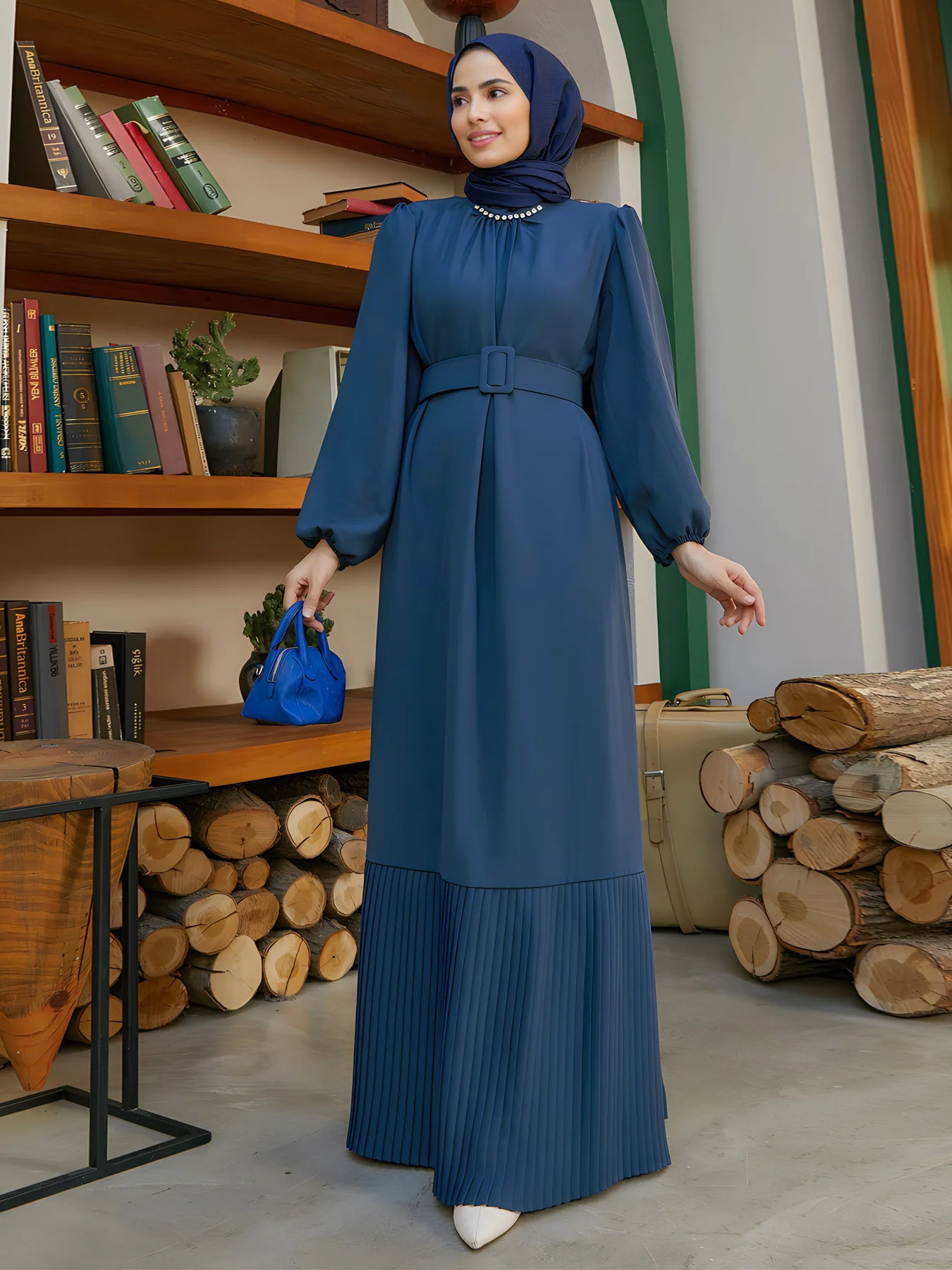 

Fashion Women Elegant Diamonds Pleated Ruffles Belted Maxi Dress Eid Ramadan Abaya Dubai Turkey Kaftan Islamic Clothing Vestidos