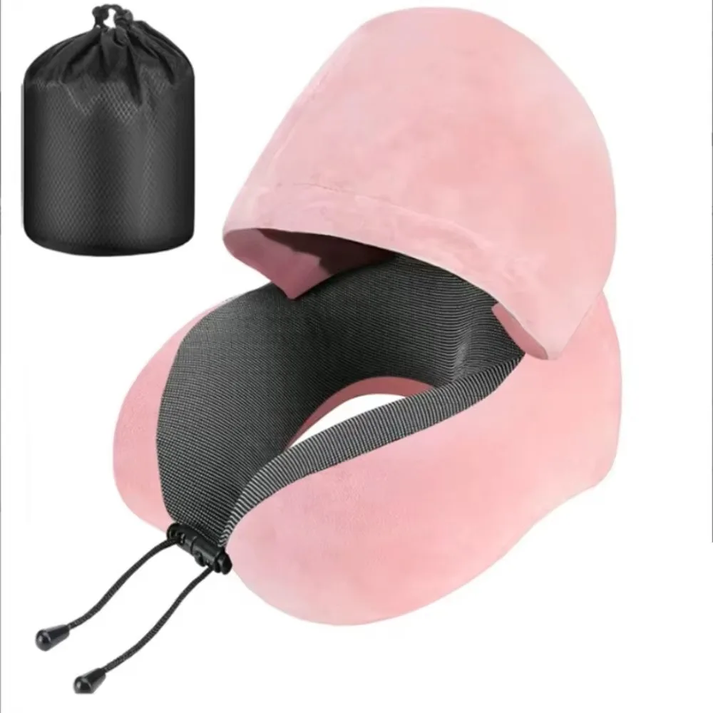Removable Travel Neck Pillow Adjustable Washable Cover U-shaped Pillow with Cap Comfortable with Storage Bag Hooded Pillow