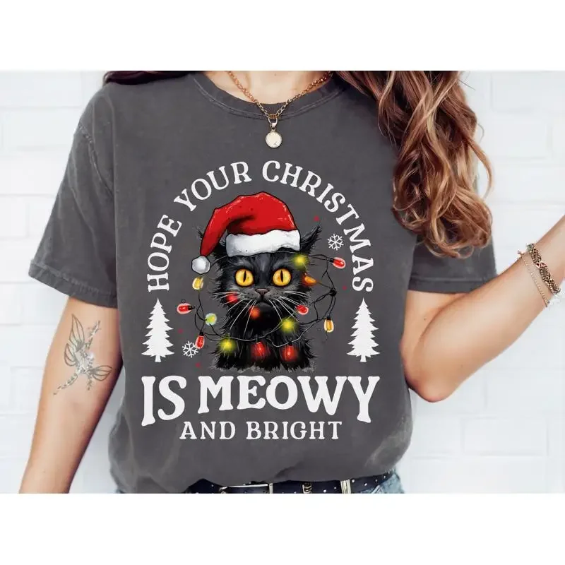 Hope Your Christmas Is Meowy And Bright Cats T Shirt Cute Cat Lover Hilarious Holiday Quirky Festive Feline Apparel