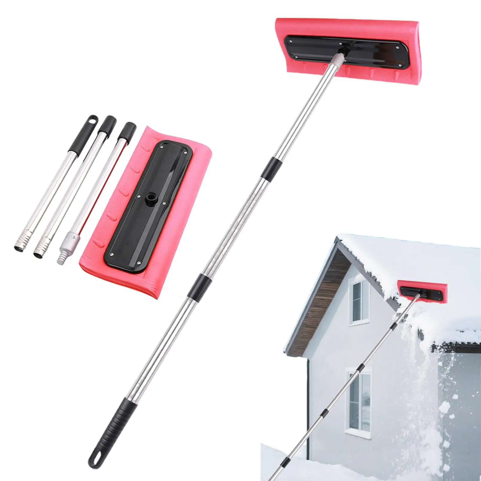 Snow Roof Rake, Foam Head Roof Snow Rake, Foam Broom Scraper for Clearing, Adjustable Telescoping No-Scratch Snows