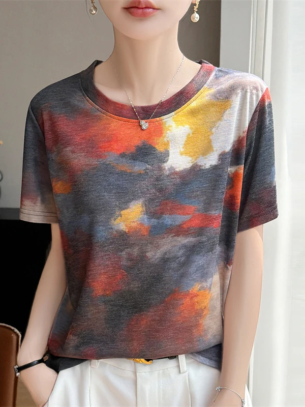 

Dopamine Print Polka Dot Short Sleeve T-Shirt Women's Summer New Unique Slimming Base Shirt Casual Loose Fit round Neck