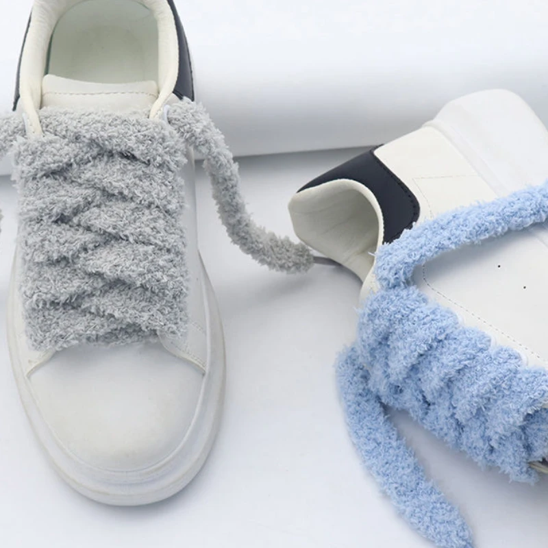 Cute Sofe Fluffy Fuzzy Sneakers Shoelaces Wide Flat Plush Towel Sneakers Shoelaces Brand Design for Women Casual Shoestring image 3