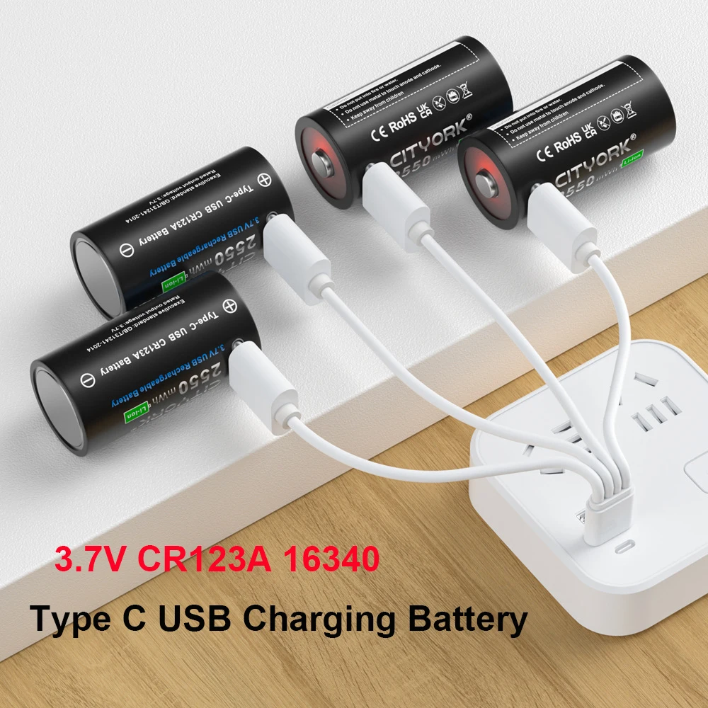 CITYORK 2550mWh 3.7V 16340 16350 Rechargeable Battery USB Charging RCR123 CR123 CR123A Li-Ion Btteries For With USB Cable