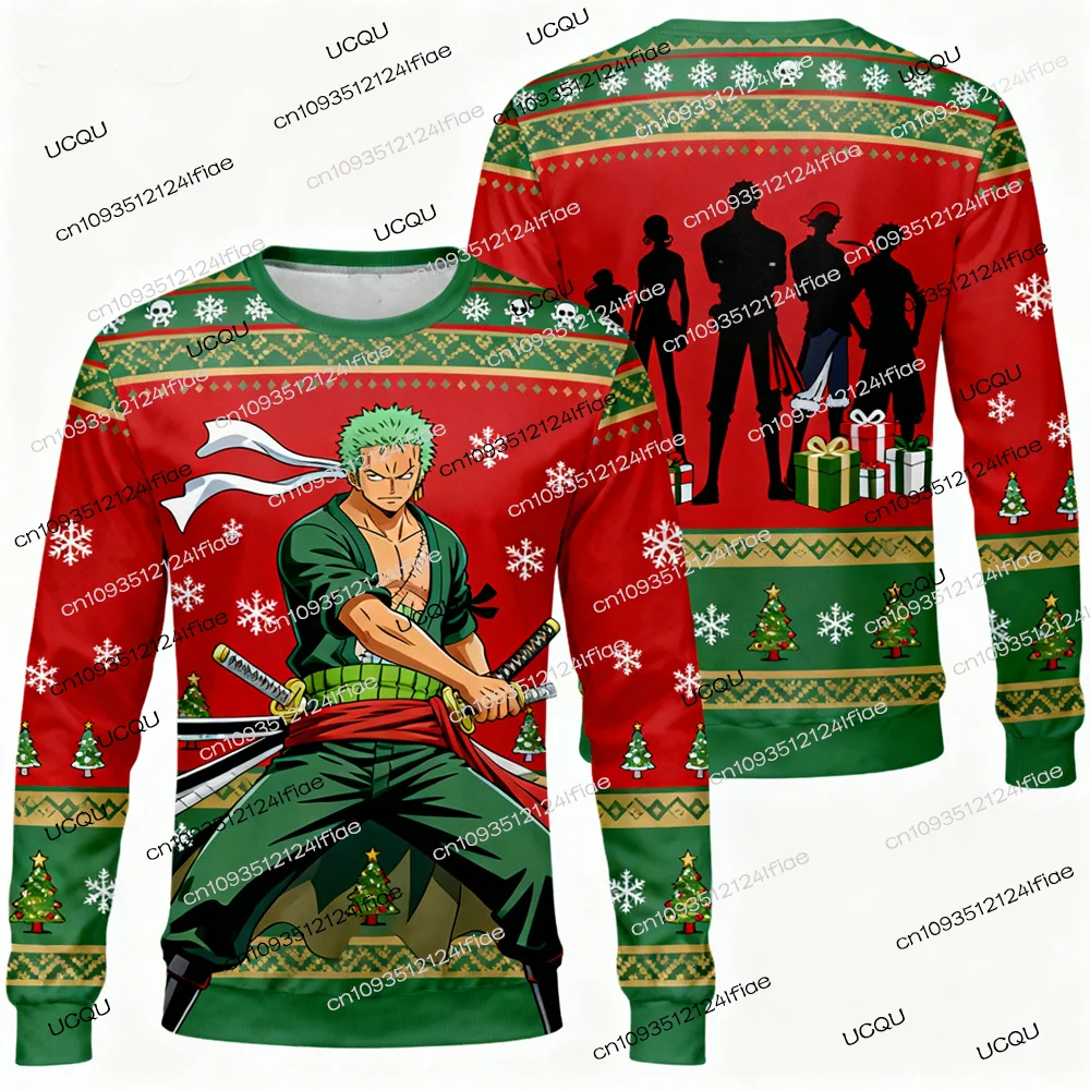2025年新作 ゾロ クリスマス 大人用 メンズ/レディース 冬用 長袖 スウェットシャツ キッズ ワンピース風 漫画 クルーネック スウェットシャツ ストリートウェア
