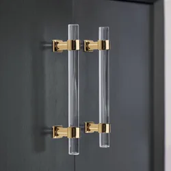 Modern Acrylic Crystal Furniture Handles Wardrobe Cupboard Cabinet Pulls Drawer Door Knobs Kitchen Gold Brass