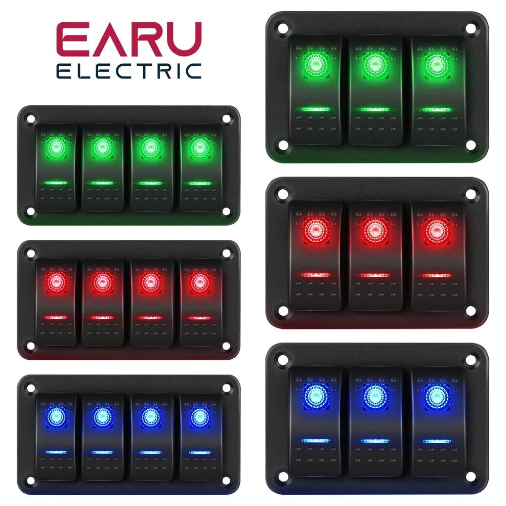 Earu 3Gang 4 Gang Dual LED Marine Boat Rocker Switch Panel for Truck Boat Car Switch Panel Lighter Socket Circuit Breaker