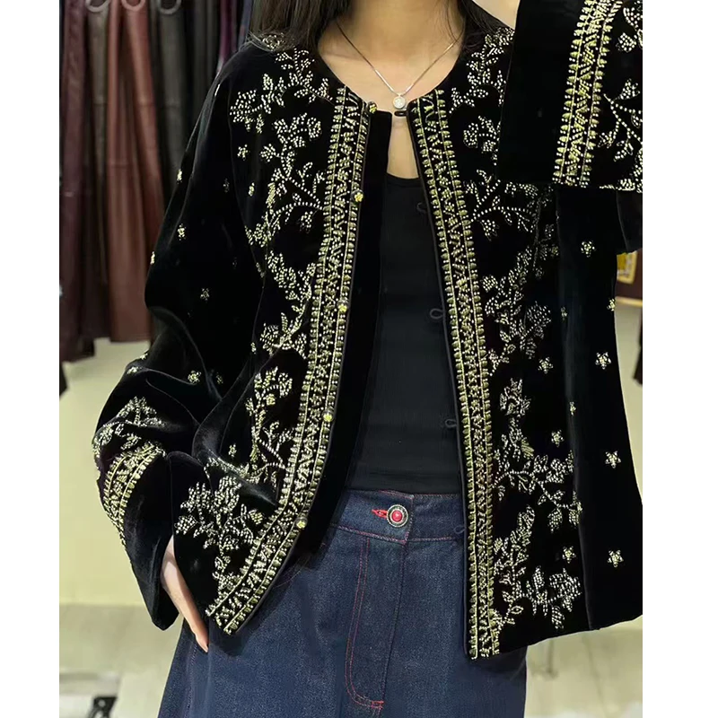 Autumn Exclusive Design New Chinese Style O-Neck Silk+Velvet Fabric Exquisite Embroidery+Beading Design Women Coat S-XL